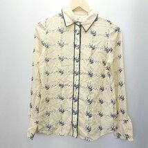 ◇ Tory Burch トリー バーチ チェック 鳥柄 シルク100% 長袖 シャツ サイズ4 イエロー ネイビー レディース E_画像1