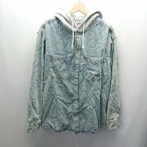 ◇ TOMMY JEANS トミージーンズ バックプリント フード付き デニム生地 長袖 シャツ サイズM インディゴブルー メンズ E