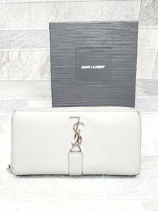 ◇ ◎ Saint Laurent サンローラン シンプル ロゴ ラウンドファスナー 長財布 グレー レディース P