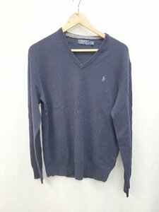 ◇ POLO RALPH LAUREN ポロ ラルフローレン ウール100% Vネック リブニット ロゴ 長袖 セーター サイズM ネイビー メンズ P