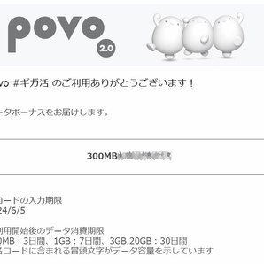 povo2.0 プロモコード 300MB 入力期限2024/06/05 即決 格安￥46の画像1