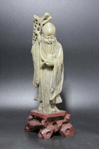 ＜聴雲＞ 寿老人置物 桃仙人 石彫 彫刻 中国古玩 中国美術 骨董品 古美術品 Y1-235
