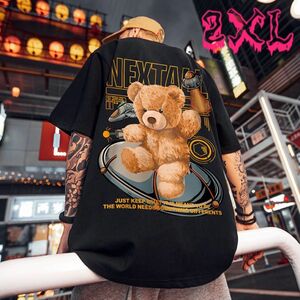 【春夏商品】ストリート　半袖Tシャツ　ビッグ　バッグプリント　くま　黒　2XLサイズ　新品