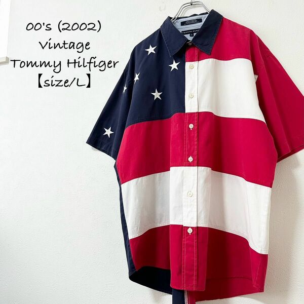 00s★Tommy Hilfiger/トミーヒルフィガー★半袖シャツ★総柄★星条旗★USA/アメリカ国旗★赤白紺★L