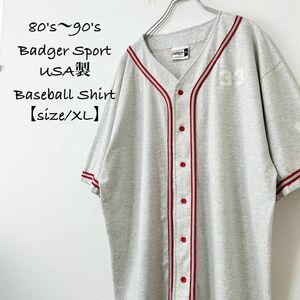 80s90s★USA製★ヴィンテージ★BadgerSport/バジャースポーツ★ベースボールシャツ★霜降りグレー×レッド/赤★XL