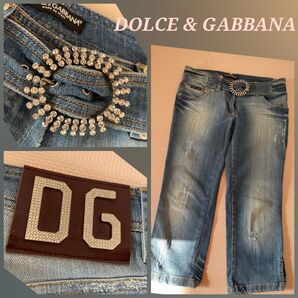 DOLCE&GABBANA パンツ デニム 七分丈 ラインストーン付き