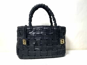  1円 ■極美品■FENDI フェンディ レザー 編み込み ゴールド金具 2WAY ハンドバッグ ミニバッグ ショルダー ポシェット ブラック系　巾着