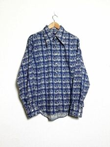 70s USA製 ビンテージ CAMPUS キャッツフェイス 総柄　シャツ キャンパス 猫 キャット 長袖 チェック/インディゴ タウンクラフト ARROW