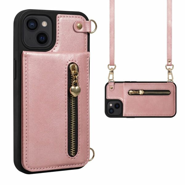 アイホンケース iPhone13 背面手帳型ケース ピンク ショルダー ストラップ 6.1インチ