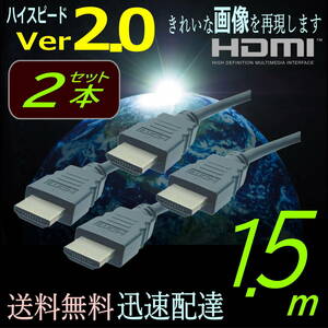 ◇【2本セット】HDMIケーブル 1.5m プレミアム高品質 Ver2.0　4KフルHD 3D映像 ネットワーク 60fps 対応 ハイスピード 2HDMI-15x2◇