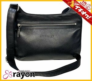 《1円～START》ロンシャン LONGCHAMP ショルダー バッグ 斜め掛け レザー×キャンバス ブラック メンズ レディース Aランク 美品【RAYON】