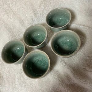 陶器　ガラス釉　湯呑　綺麗なグリーン　5客