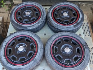 TKei 　アルミホイール　ブラック/レッド　14×5j　4穴　タイヤ付165/55R 中古品