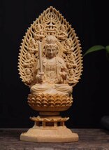 新品★仏教美術 精密彫刻 仏像 手彫り 木彫仏像 文殊菩薩座像高さ約28.5cm_画像1