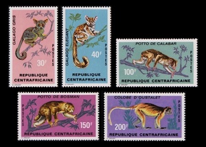 cκ802y1-3C　中央アフリカ1971年　ガラゴなど動物・5枚完