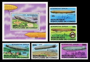 cκ781y1-5C　コンゴ共和国1977年　ツェッペリンの歴史・5枚完+シート