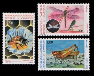 Dα92y1-1c　カメルーン1986年　蜂や蜻蛉など昆虫・3枚完　MNH/A