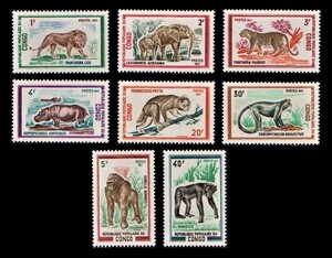 cκ168y1-5C　コンゴ共和国1972年　ライオンや象など動物・8枚完