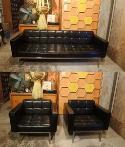  Vintage standard black 1P sofa 2 set / Vintage antique retro black reception lobby chair Karimoku 60 box 2P