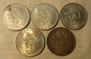 メキシコオリンピック、２５ペソ銀貨、５枚（重量：１１２g）