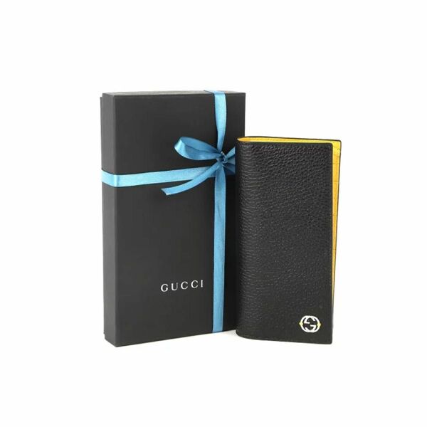 新品GUCCI二つ折り長財布小銭入れありレザー ブラックイエロー61046正規品