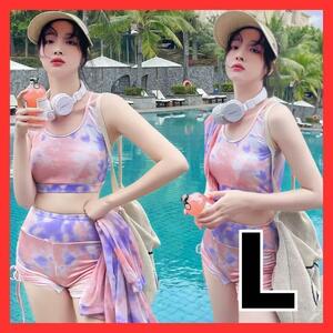  swimsuit 3 point set L Thai large pattern sunburn prevention lady's pink tankini 