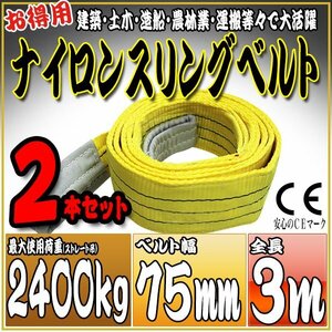 スリングベルト2本セット 3m 幅75mm 使用荷重2400kg 2.4t 吊りベルト ベルトスリング ［ナイロンスリング 吊上げ ロープ 牽引 運搬］