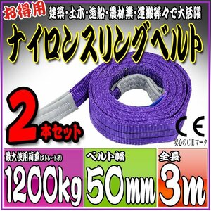 スリングベルト2本セット 3m 幅50mm 使用荷重1200kg 1.2t 吊りベルト ベルトスリング ［ナイロンスリング 吊上げ ロープ 牽引 運搬］