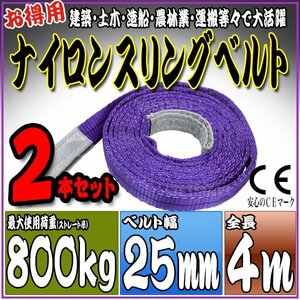 スリングベルト2本セット 4m 幅25mm 使用荷重800kg 0.8t 吊りベルト ベルトスリング ［ナイロンスリング 吊上げ ロープ 牽引 運搬］