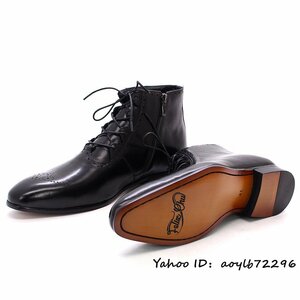 最上級★ショートブーツ ビジネスブーツ メンズ 本革 レザーシューズ 職人手作り 彫り ワークブーツ 革靴 紳士靴 牛革 ブラック 25.5cm
