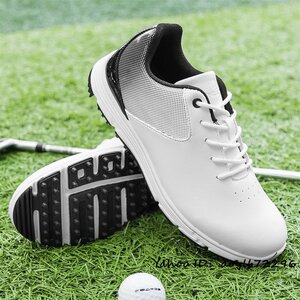 ゴルフシューズ メンズ 新品 スニーカー 運動靴 ダイヤル式 防水 防滑 耐磨 軽量 耐久性 強いグリップ スパイク靴 紳士 ホワイト 24.5cm