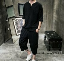 3XL 黒■セットアップ 綿麻 七分丈 リネン混 上下セット メンズ サルエルパンツ トレーナー 夏物 清涼 カジュアル ショートパンツ 父の日