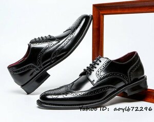 高級品◆メンズシューズ 本革 レザーシューズ 職人手作り 彫り ビジネスシューズ 皮靴 ウイングチップ フォーマル 紳士靴 ブラック 28.0cm