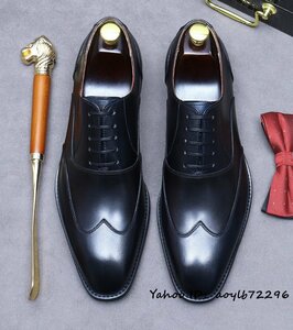 超希少◆メンズビジネスシューズ 本革 レザーシューズ イギリス風 職人手作り 彫り 紳士靴 高級牛革 革靴 結婚式 宴会 ブラック 27.5cm