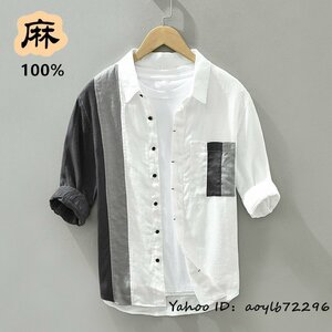 夏新品 半袖シャツ メンズ リネン 麻100% 切替 メンズシャツ リネンシャツ シャツ 紳士服 涼しい 清涼感 カジュアル 心地良し ホワイト 2XL