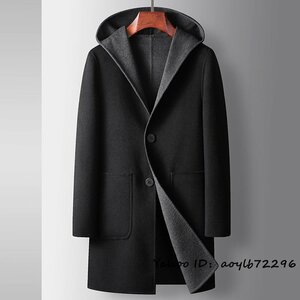 定価18万 メンズコート ロングコート フード付き ウールコート 紳士ビジネスコート 厚手 リバーシブル 両面着 チェスターコート グレー 4XL