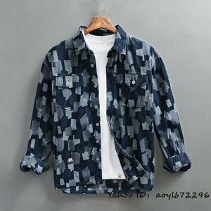 新品 デニムシャツ 長袖シャツ メンズ チェック柄 コットンシャツ ヴィンテージ メンズシャツ 柔らか 春服 カジュアル 個性 ブルー 4XL