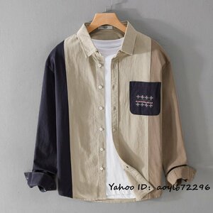 新品●メンズシャツ 長袖シャツ 切替 ワークシャツ 厚手シャツ 紳士シャツ コットン デザイナーズ お洒落 カジュアル スリム カーキ M