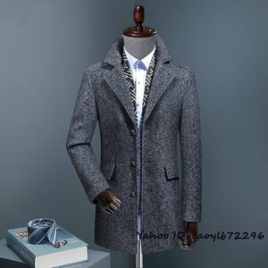 定価13万*人気新品 メンズ ビジネスコート 高級 セレブ*WOOL 紳士スーツ ロングコート 厚手 ウール テーラードジャケット 裏ボア 灰色 XL
