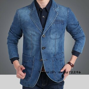 人気新品 メンズ デニムジャケット テーラードジャケット ジージャン ブルゾン 細身 大きいサイズ有り オシャレ 二色 ライトブルー XL