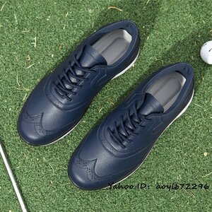 新品セール■ゴルフシューズ メンズ 通気性 彫り スニーカー Golf shoes ソフトスパイク靴 ワイドスポーツ 防水 防滑 耐磨 ネイビー 24.5cm