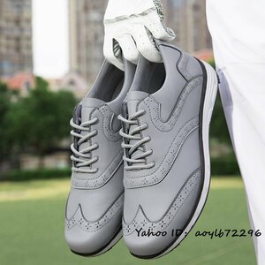 新品セール■ゴルフシューズ メンズ 通気性 彫り スニーカー Golf shoes ソフトスパイク靴 ワイドスポーツ 防水 防滑 耐磨 グレー 27cm