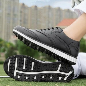 新品セール■ゴルフシューズ メンズ 通気性 彫り スニーカー Golf shoes ソフトスパイク靴 ワイドスポーツ 防水 防滑 耐磨 ブラック 27.5cm