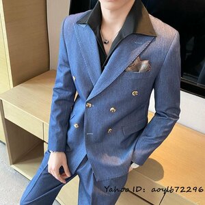 新品■シングルスーツ スーツセット メンズ ダブルスーツ ビジネススーツ 上下セット 最高級 無地 スリム 二つボタン 結婚式 ブルー XL