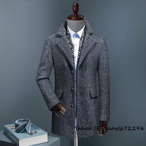 定価13万*人気新品 メンズ ビジネスコート 高級 セレブ*WOOL 紳士スーツ ロングコート 厚手 ウール テーラードジャケット 裏ボア 灰色 3XL