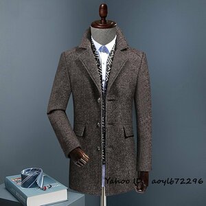 定価13万*人気新品 メンズ ビジネスコート 高級 セレブ*WOOL 紳士スーツ ロングコート 厚手 ウール テーラードジャケット 裏ボア 珈琲色4XL