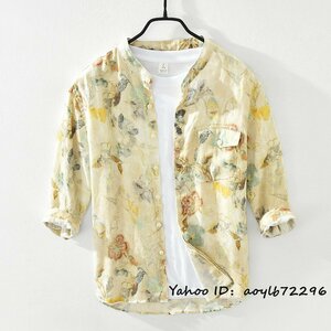 七分袖シャツ 亜麻シャツ 長袖 リネンシャツ 花柄シャツ メンズシャツ トップス 定番Tシャツ 薄手 総柄 カジュアル 春夏 新品 清涼感 XL