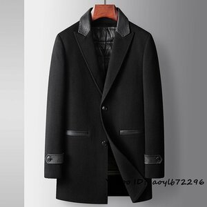18万 最上級*ビジネスコート グースダウンジャケット 新品 メンズ ロングコート 高級ウール セレブ*WOOL厚手 羊革 紳士スーツ ブラック 2XL