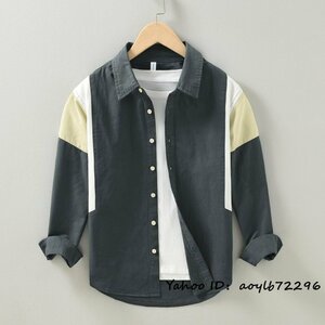 人気新品 長袖シャツ 切替 ワークシャツ メンズシャツ 厚手シャツ 紳士シャツ コットン デザイナーズ お洒落 カジュアル スリム 灰色 XL