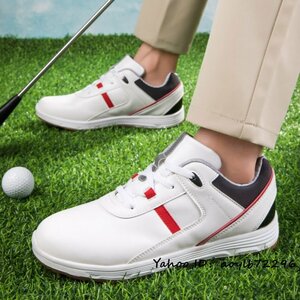 特売■新品 ゴルフシューズ Golf shoes メンズ 紳士 スニーカー スポーツシューズ 運動靴 グラデーション 幅広 防滑 耐磨撥水 白/赤 25cm